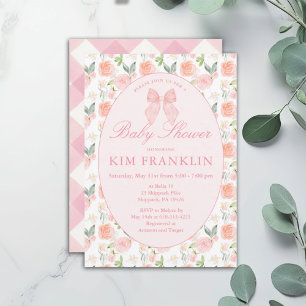 Invitation Coquette Florale Bow rose En vichy Baby shower fil