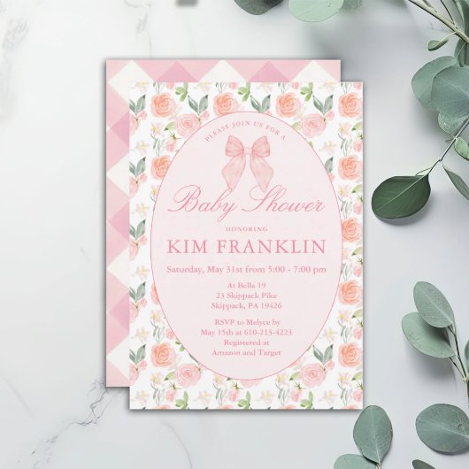 Invitation Coquette Florale Bow rose En vichy Baby shower fil