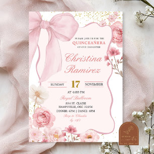 Invitation Coquette Florale Quinceanera Ruban Rose 