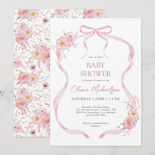 Invitation Coquette Florale rose Ribbon Bow Girl Baby shower