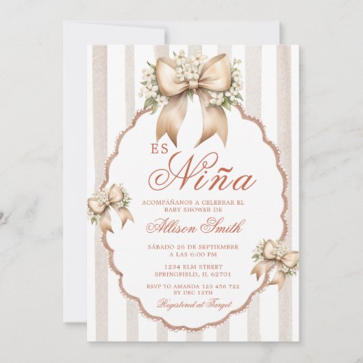 Invitation Coquette florale Stripe Es Nina Baby shower espagn (Devant)