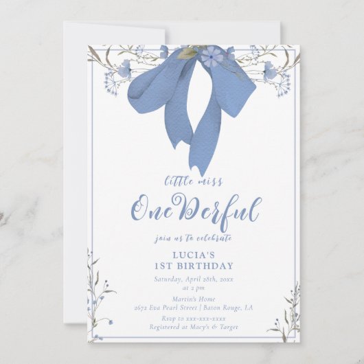 Invitation Coquette florale superbe Bow Girl 1er anniversaire (Devant)