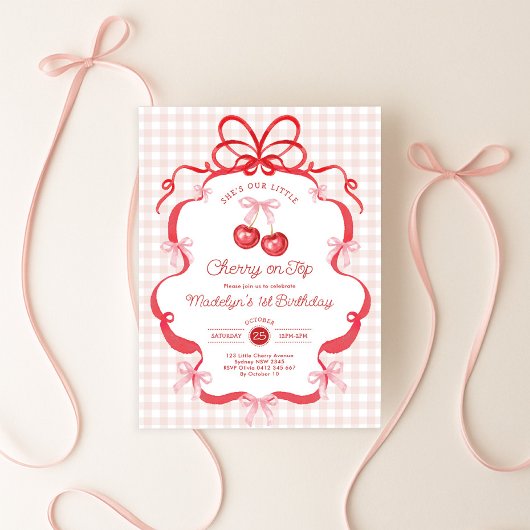 Invitation Coquette Gingham Cherry First 1st Birthday Party
