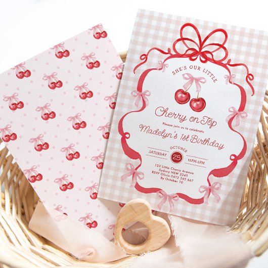 Invitation Coquette Gingham Cherry First 1st Birthday Party