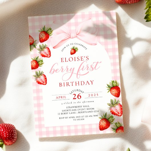 Invitation Coquette Gingham Fraise Premier Anniversaire
