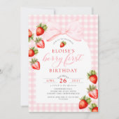 Invitation Coquette Gingham Fraise Premier Anniversaire (Devant)