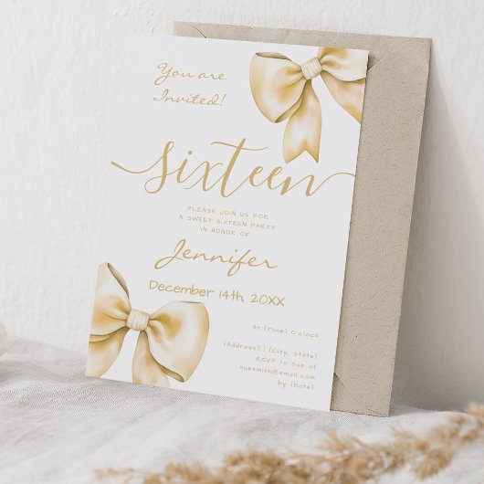 Invitation Coquette Gold Bow Sweet 16 Anniversaire