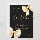 Invitation Coquette Gold Bow Sweet 16 Anniversaire Noir (Devant)
