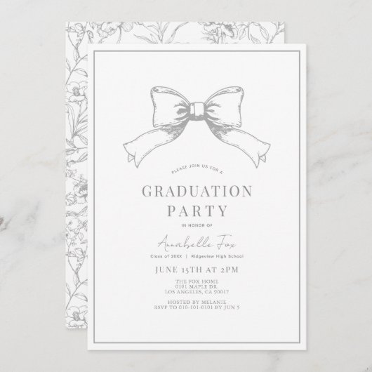 Invitation Coquette Grey Bow Ribbon Graduation Party (Devant / Derrière)