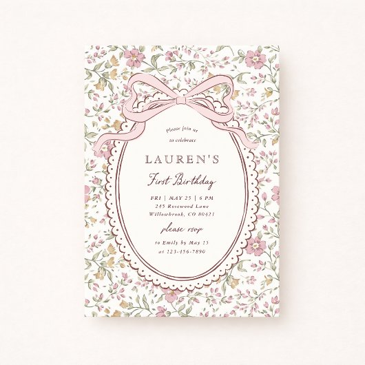 Invitation Coquette Meadow Floral Bow First Birthday