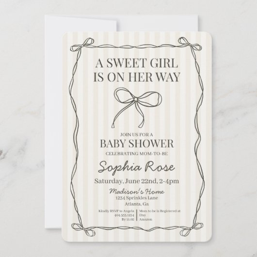 Invitation Coquette noire Bow Beige Baby shower rayé (Devant)