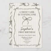 Invitation Coquette Noire Bow Beige rayé Anniversaire (Devant / Derrière)