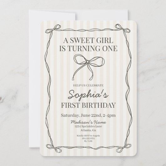 Invitation Coquette Noire Bow Beige rayé Anniversaire (Devant)