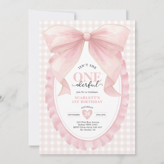 Invitation Coquette ONE derful Pink Bow Girl 1er anniversaire (Devant)
