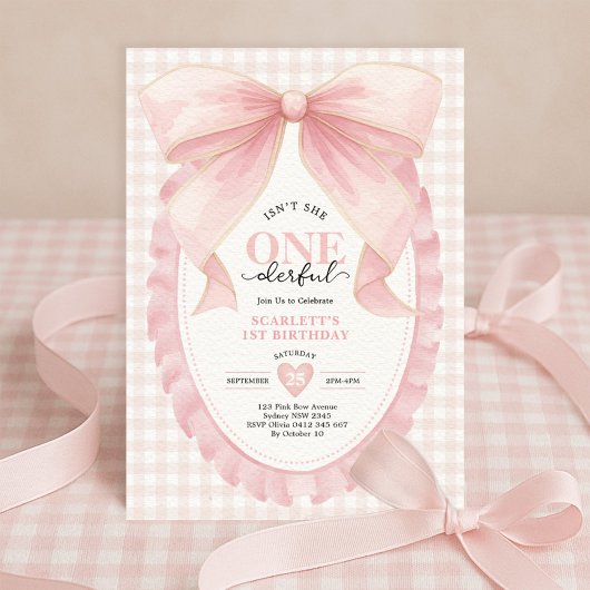 Invitation Coquette ONE derful Pink Bow Girl 1er anniversaire