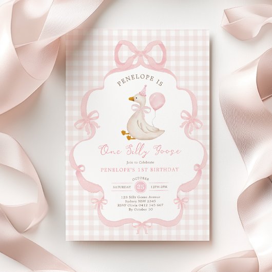 Invitation Coquette One Silly Goose Pink Bow 1st Birthday