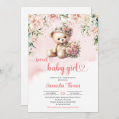Invitation Coquette ours en peluche avec fleurs baby shower f (Devant / Derrière)