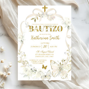 Invitation Coquette papillon floral blanc baptême espagnol