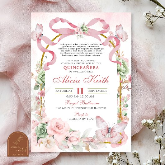 Invitation Coquette Papillon Rose Sage