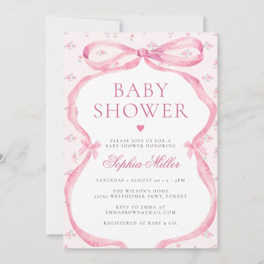 Invitation Coquette Pink Bow Baby Douche (Devant)