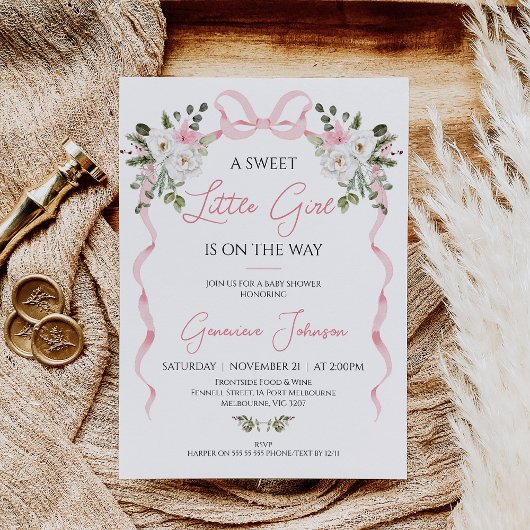 Invitation Coquette Pink Bow Girls Hiver Baby shower Floral