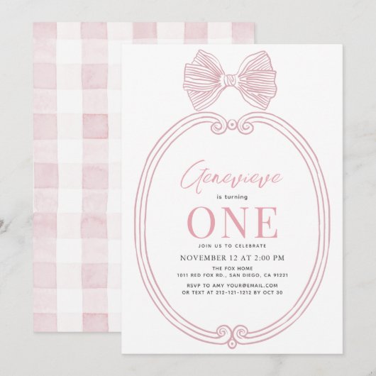 Invitation Coquette Pink Bow Ribbon Frame Girl 1er anniversai (Devant / Derrière)