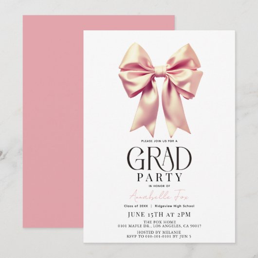 Invitation Coquette Pink Bow Ribbon Party de graduation (Devant / Derrière)