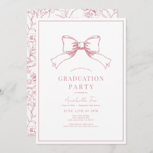 Invitation Coquette Pink Bow Ribbon Party de graduation (Devant / Derrière)