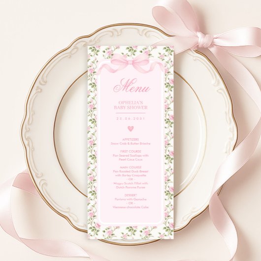 Invitation Coquette Pink Bow Roses Baby Shower Menu