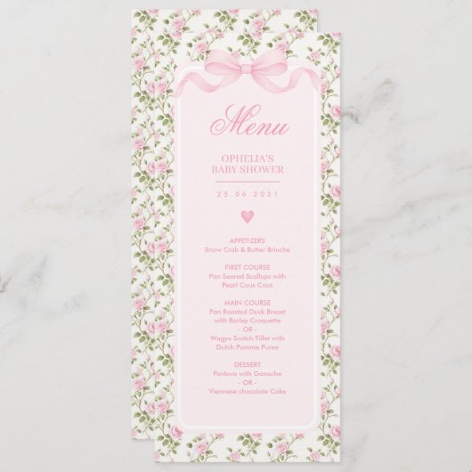 Invitation Coquette Pink Bow Roses Baby Shower Menu (Devant / Derrière)