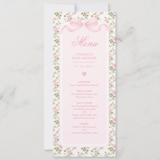 Invitation Coquette Pink Bow Roses Baby Shower Menu (Devant)