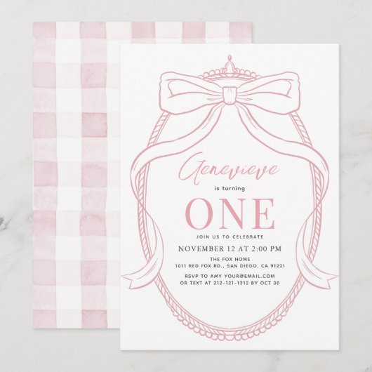 Invitation Coquette Pink Bow/Ruban Tiara Girl 1er anniversair (Devant / Derrière)