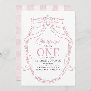 Invitation Coquette Pink Bow/Ruban Tiara Girl 1er anniversair