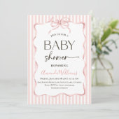 Invitation Coquette Pink Bow Stripe Girl Baby Shower (Debout devant)
