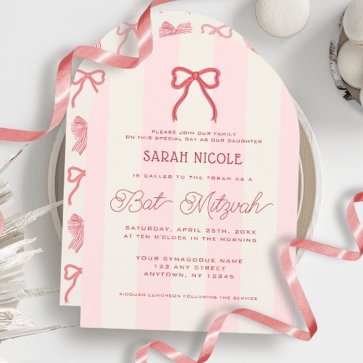 Invitation Coquette Pink Bow & Stripes Bat Mitzvah