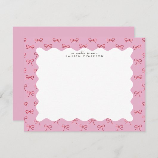 Invitation Coquette Pink Bow Wavy Border  Note card (Devant / Derrière)