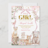 Invitation Coquette pink bow woodland animals baby shower (Devant)
