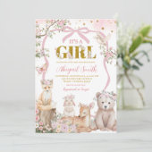 Invitation Coquette pink bow woodland animals baby shower (Debout devant)