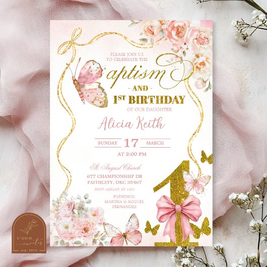Invitation Coquette Pink Butterfly baptism and first birthday