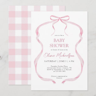 Invitation Coquette Pink Plaid Ribbon Bow Girl Baby shower