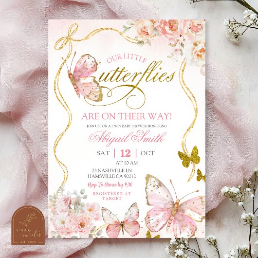 Invitation Coquette Pink Twin Butterflies Baby Shower