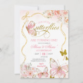 Invitation Coquette Pink Twin Butterflies Birthday (Devant)