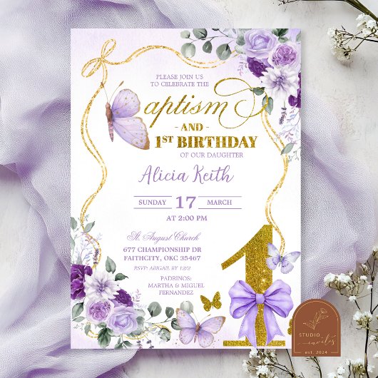 Invitation Coquette Purple Butterfly baptism and 1st birthday