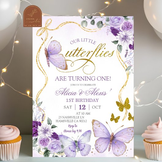 Invitation Coquette Purple Butterfly Twins Birthday