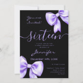 Invitation Coquette Purple Lavande Bow Sweet 16 Partie Noir (Devant)