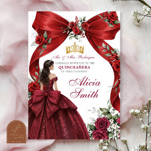 Invitation Coquette Quinceanera Rubis Rouge à Nœud