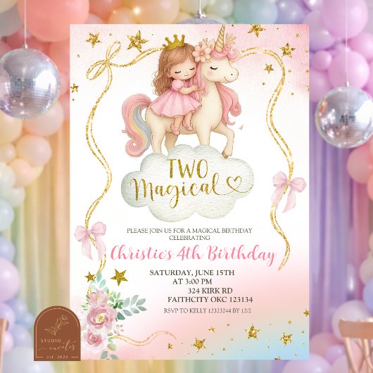 Invitation Coquette Rainbow Pastel Unicorn TWO Magical Birthd