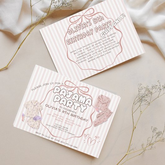 Invitation Coquette rayures & arc pyjama fête anniversaire