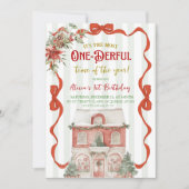 Invitation Coquette Red Bow Christmas Sweet Shop 1st Birthday (Devant)