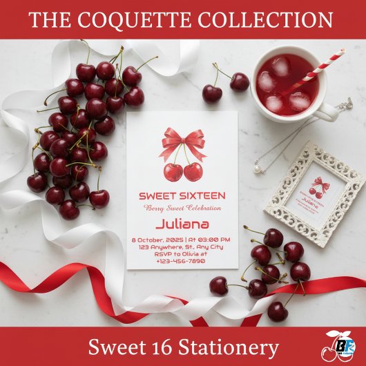 Invitation Coquette Red Cherry Bow Berry Sweet 16 Birthday